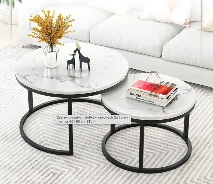 Комплект от 2 кръгли масички за кафе - бял мрамор