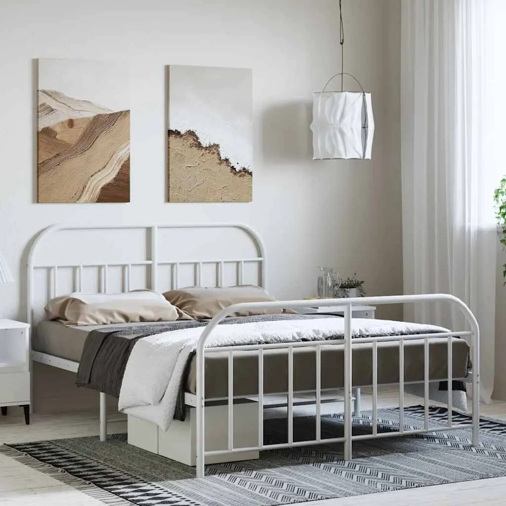 353704 vidaXL Метална рамка за легло с горна и долна табла, бяла, 150x200 см