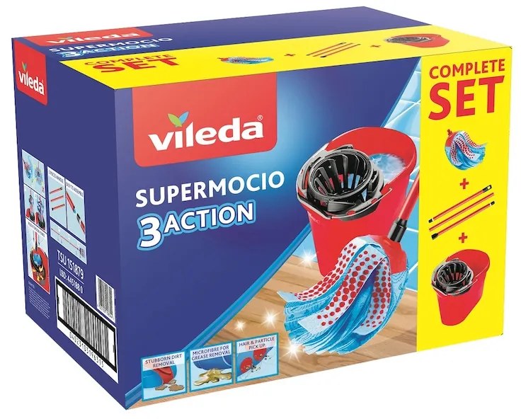 Комплект за почистване на под Vileda Super Mocio, 3 части, 10 л, Отцеждащ механизъм, Червен