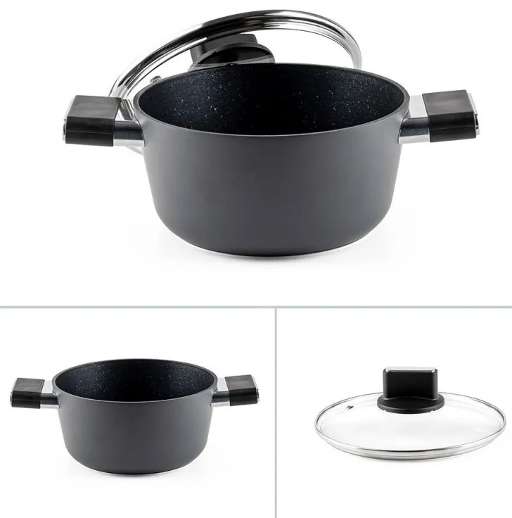 Тенджера Luigi Ferrero Regina FR-2040 20x10 см, 2.5 л, Незалепващо покритие, Стъклен капак с отвор за пара, Индукция, Черен