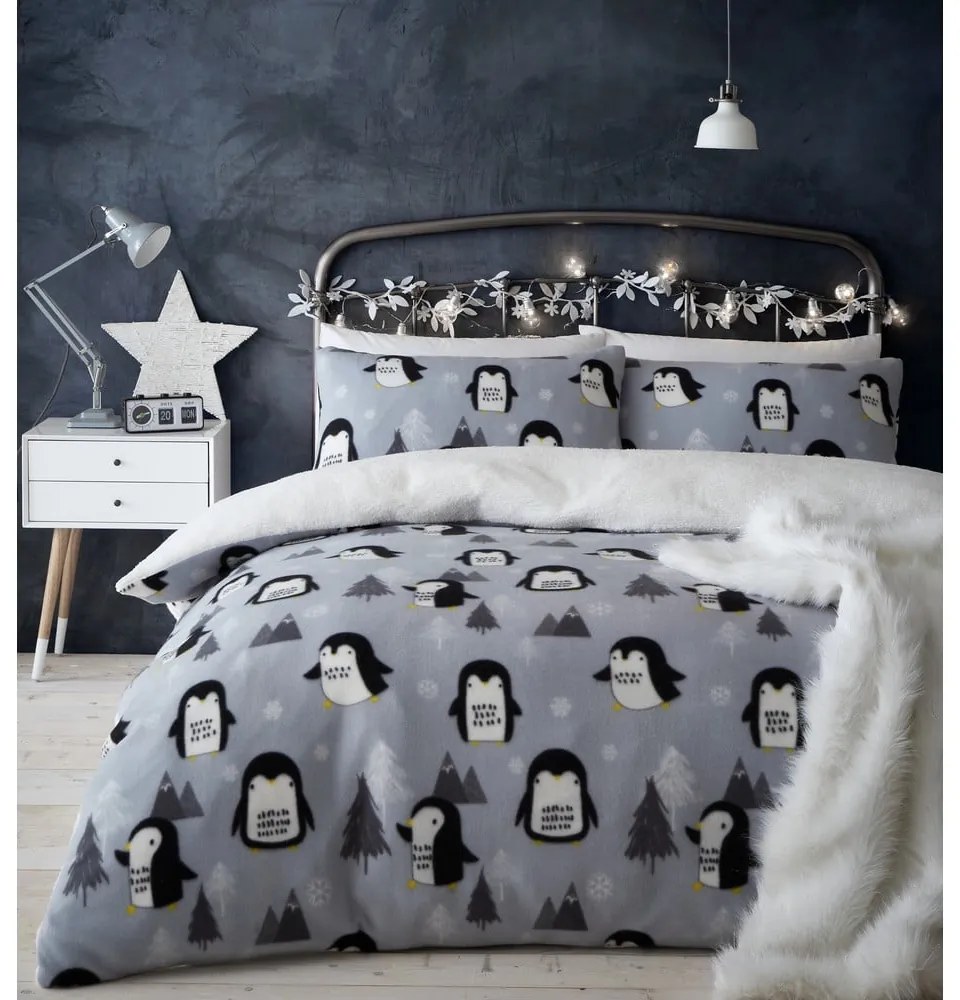 Сиво единично спално бельо от шерпа 135x200 cm Cosy Penguin – Catherine Lansfield