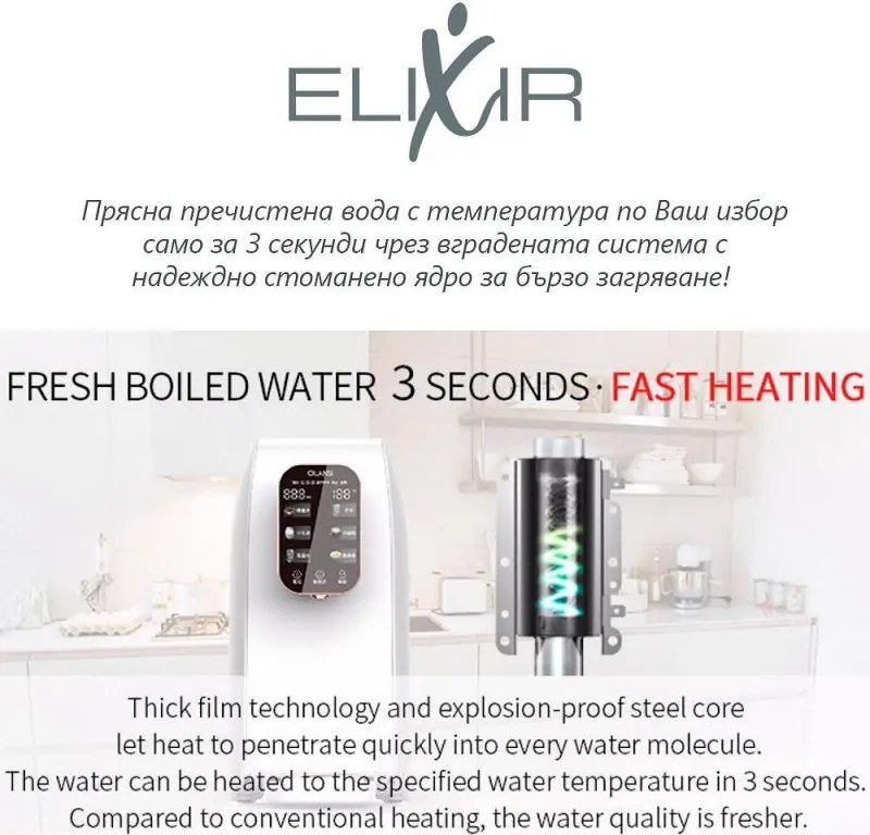 Диспенсър за пречистване и затопляне на чешмяна вода ELIXIR, 2100W, 38-99C, Обратна осмоза, Минерално обогатяване, Бял