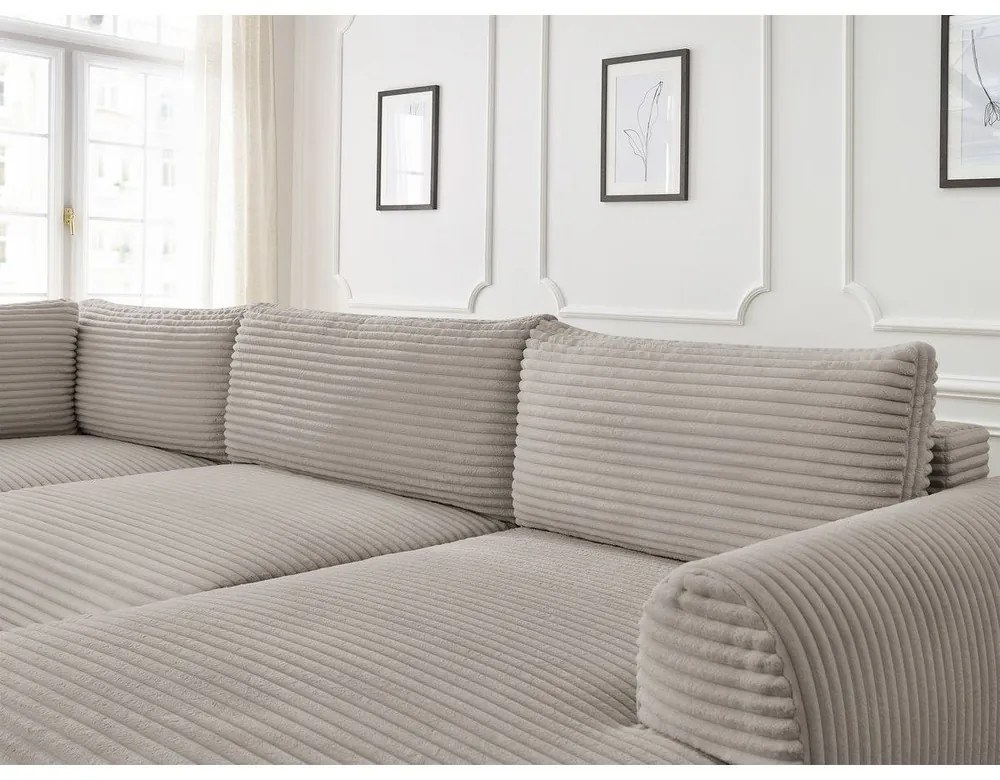 Светлосиво-бежов разтегателен ъглов диван от рипсено кадифе (десен ъгъл/"U" форма) Lucien – Bobochic Paris