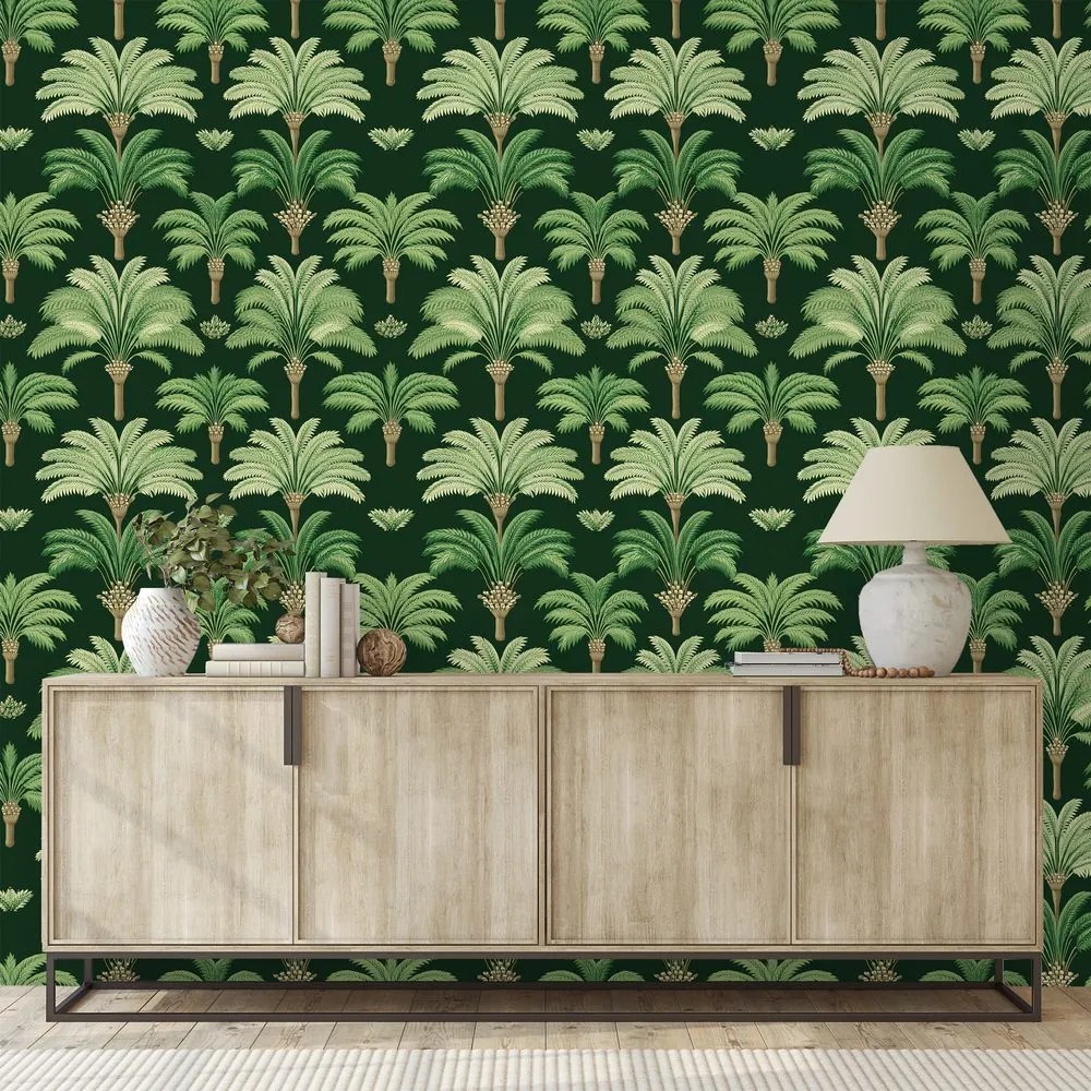 Самозалепващ тапет – Зелени палми на тъмен фон