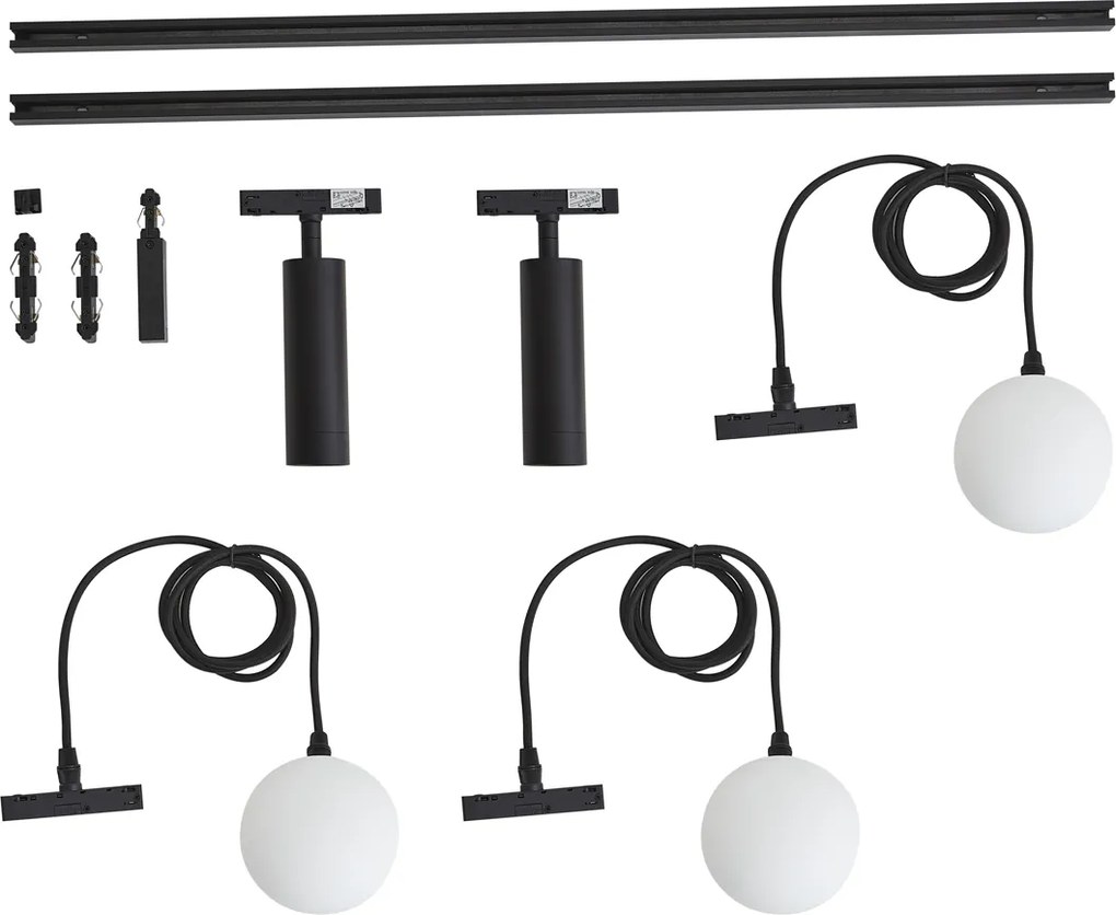 Модерна релсова система черна с 2 прожектора и 3 висящи лампи 1-фазна - Slimline Uzzy Eira