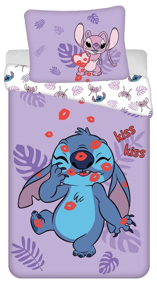 Лилаво единично памучно детско спално бельо 140x200 cm Lilo and Stitch "Kiss" – Jerry Fabrics