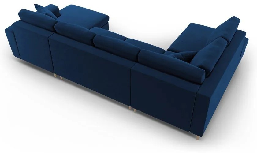 Син кадифен разтегателен ъглов диван с място за съхранение (ляв ъгъл/U форма) Kyoto – Cosmopolitan Design