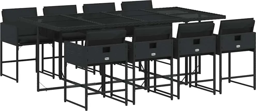 3211279 vidaXL Градински трапезен комплект възглавници 9 части черен полиратан