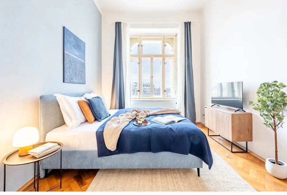 Синьо тапицирано двойно легло с включена подматрачна рамка 160x200 cm Noira Slim – Bonami Selection