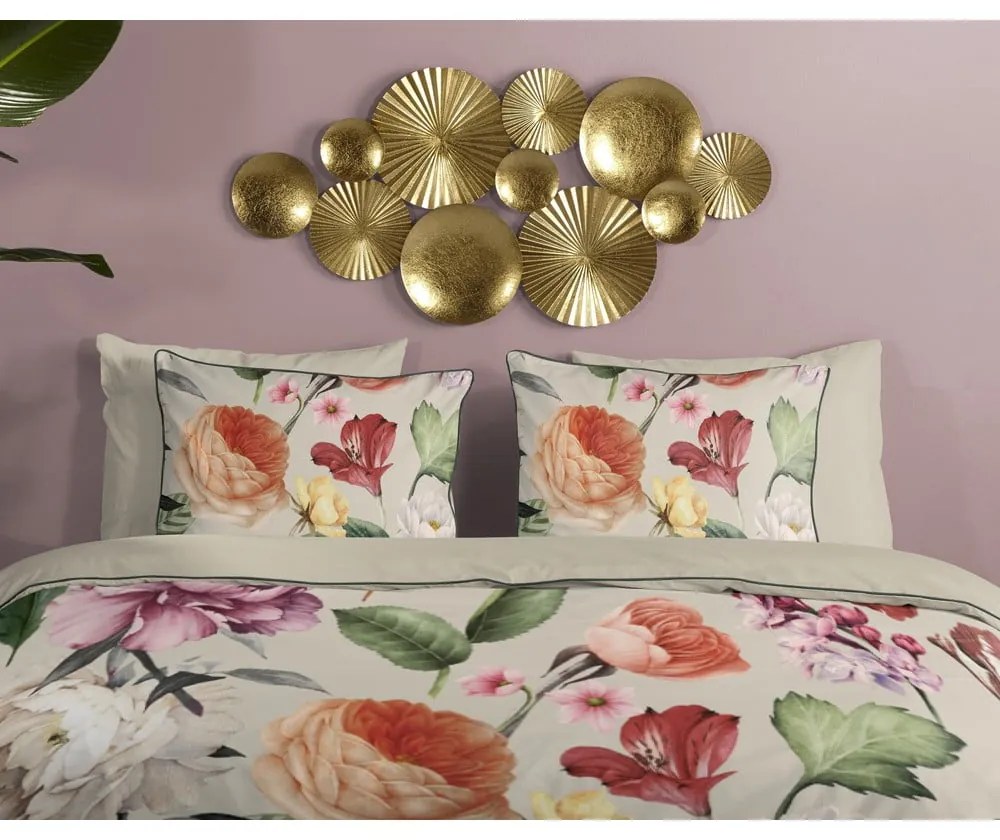 Бежово единично удължено спално бельо от памучен сатен 140x220 cm Fiori – Descanso