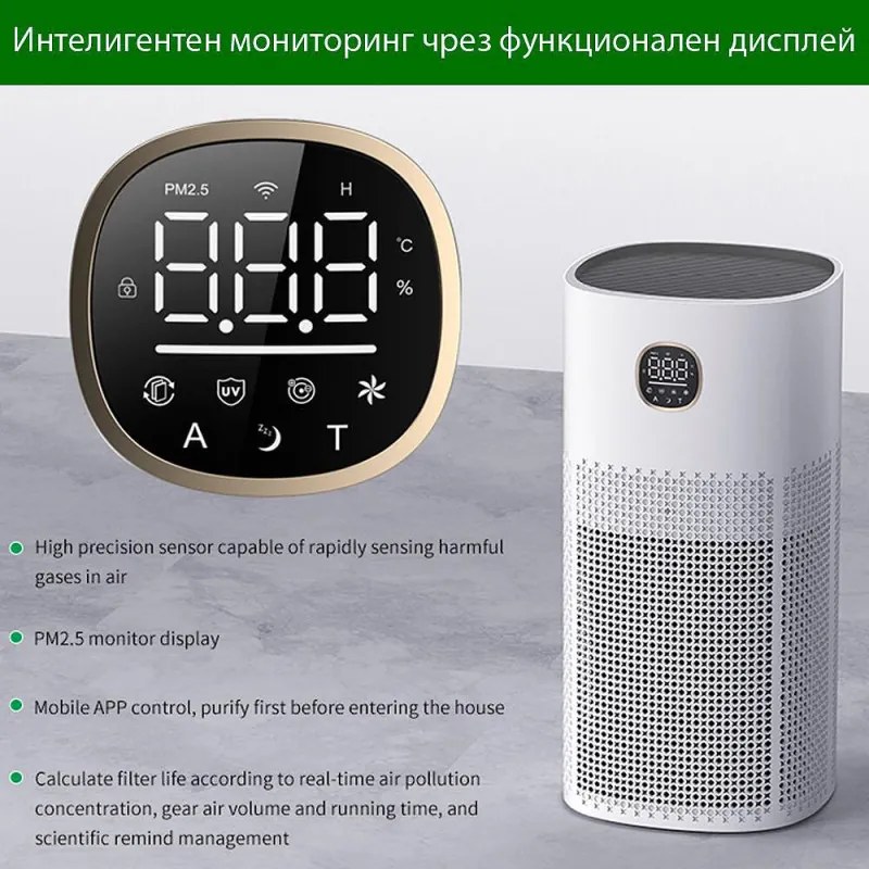 Пречиствател за въздух Attractive OBERON 520, 50W, За до 62 м2, Wi-Fi, 5 скорости, Таймер, Нощен режим, Дистанционно, Интелигентен сензор за замърсяване, Бял