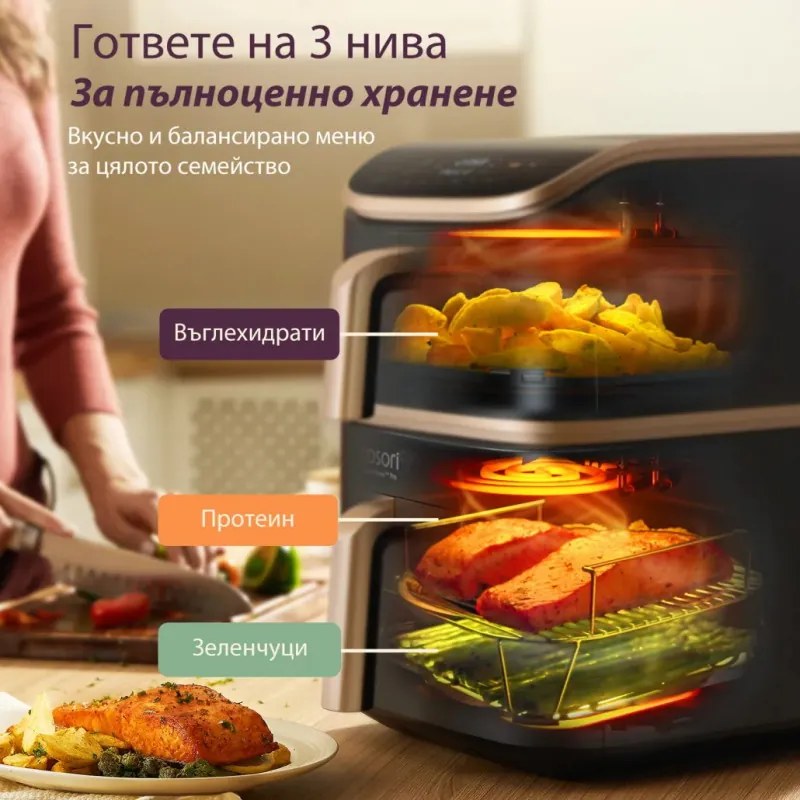 Двоен фритюрник с горещ въздух Cosori Turbo Tower Pro CAF-DC123S, 2630W, 10.8 л, 30-230C, 7 програми, Синхронизиране, Смарт, Черен/шампанско