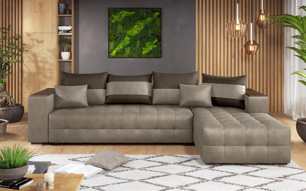 Разтегателен ъглов диван с подлакътник етажерка Мелвин