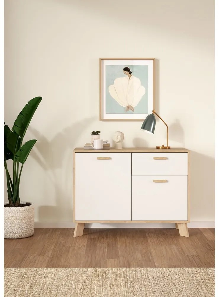 Скрин от дъбов декор в бял и естествен цвят 99x73x39 cm Ikast – Tvilum