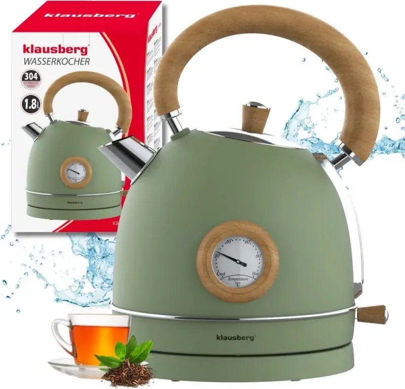 Електрическа кана-чайник Klausberg KB 9008, 2200W, 1.8 л, 360° основа, Индикатор ниво вода, Термометър, Зелен