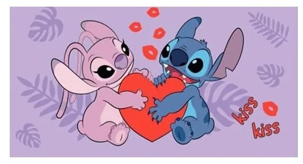Лилава памучна детска кърпа 70x140 cm Lilo and Stitch "Kiss" – Jerry Fabrics