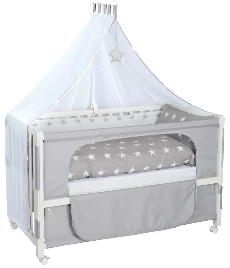 Бяло детско креватче на колела с балдахин 60x120 cm Little stars - Roba