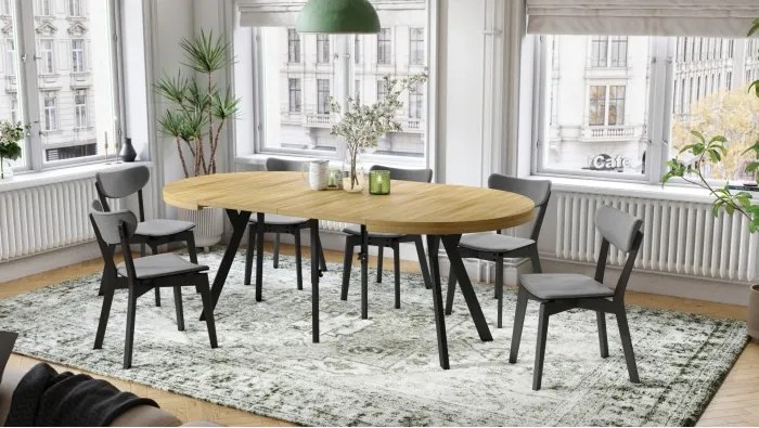 ЕКСПАНСО Американски дъб/черни крака - ГОЛЯМА КРЪГЛА МАСА Ø110 РАЗТЕГАТЕЛНА ДО 310 cm С КРАКА Y ЛОФТ/ИНДУСТРИАЛНА