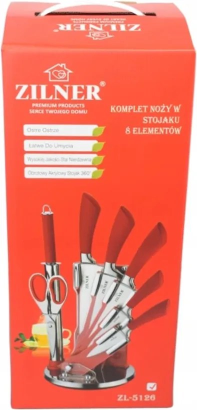Комплект ножове с поставка ZILNER ZL 5126, 8 части, Точило, Ножици, Неръждаема стомана, Червен