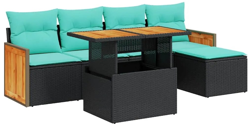 3327697 vidaXL Градински диван с възглавници, 6 части, черен полиратан, акация