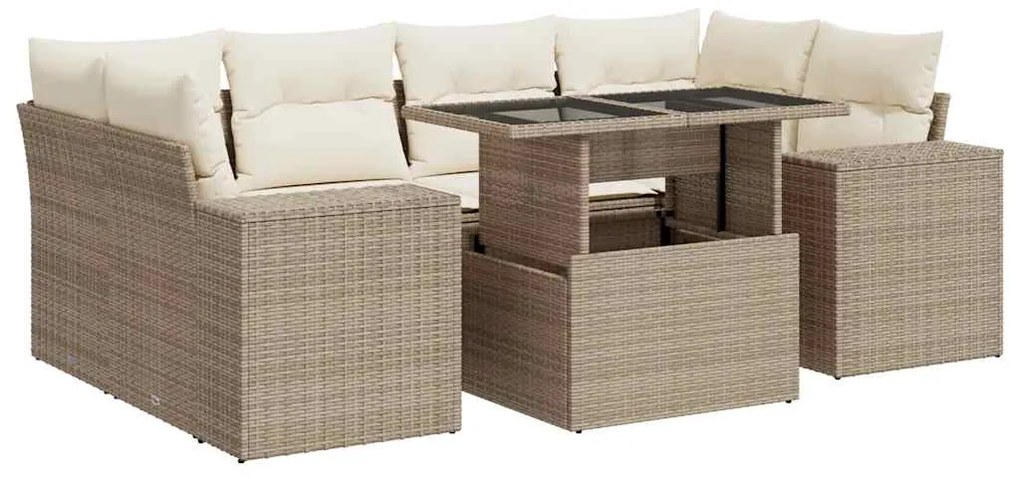 3326749 vidaXL Градински диван с възглавници, 7 части, бежов полиратан