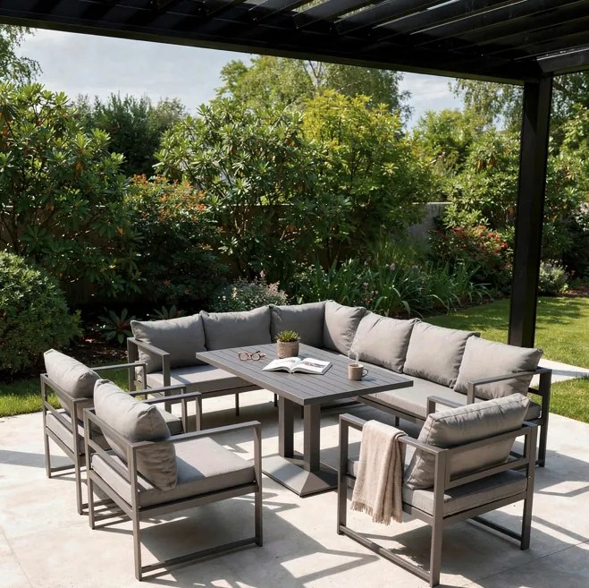 Голям ъглов комплект с фотьойли и регулируема маса XL-NM-2006 - сив + сиви възглавници