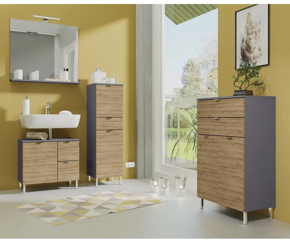 Сив висок шкаф за баня в дъбов декор 34x120 cm Mauresa - Germania