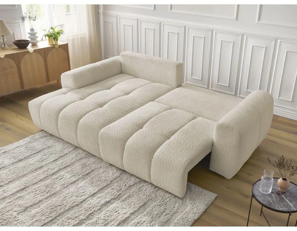 Бежов разтегателен ъглов диван с място за съхранение от букле (ляв ъгъл) Roxelane – Bobochic Paris