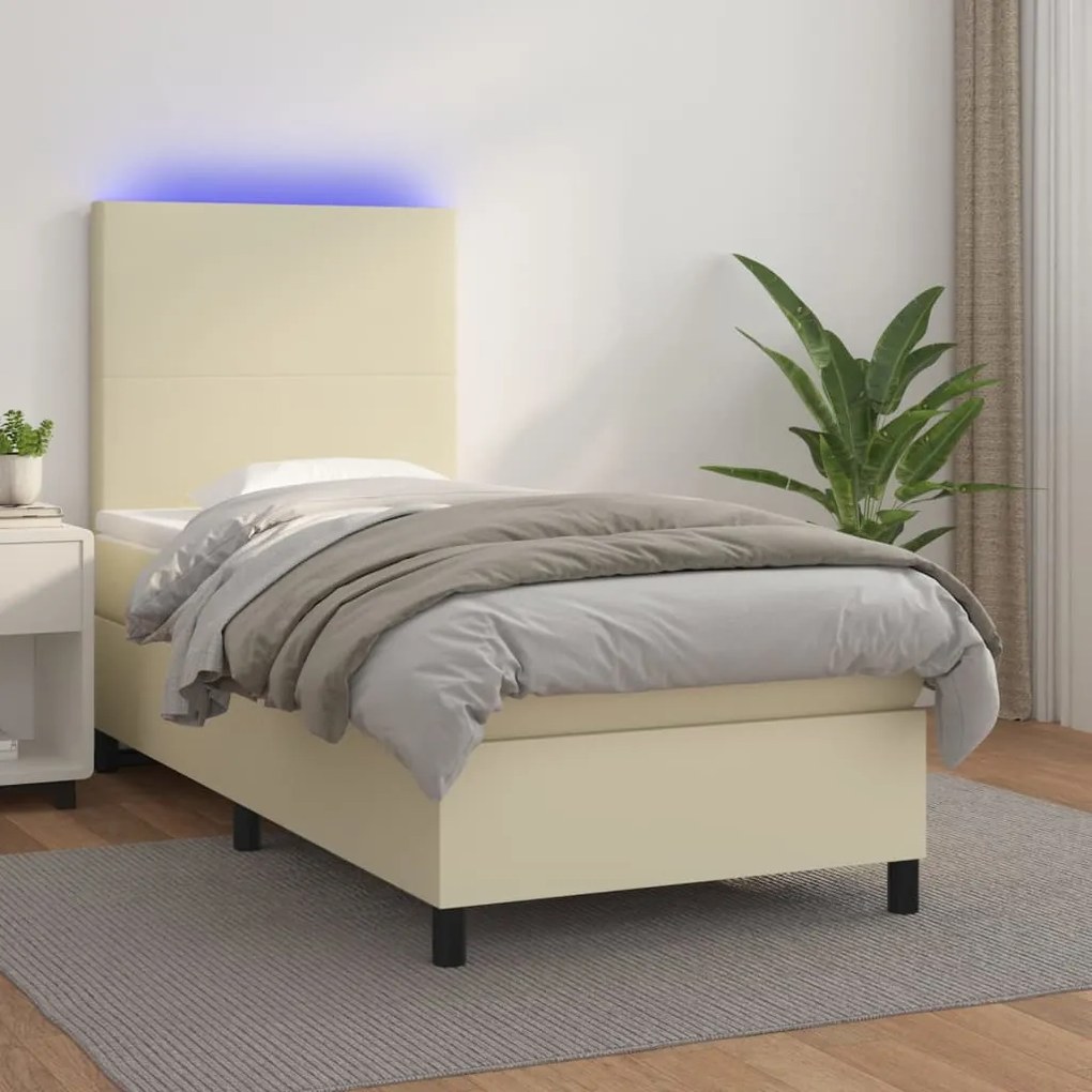 3135803 vidaXL Боксспринг легло с матрак LED кремаво 90x200 см изкуствена кожа
