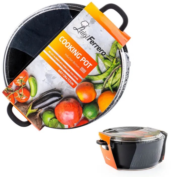 Тенджера Luigi Ferrero Hanna FR-245M 24x11.5 см, 4.4 л,  Мраморно покритие, Стъклен капак с отвор за пара, Индукция, Черен