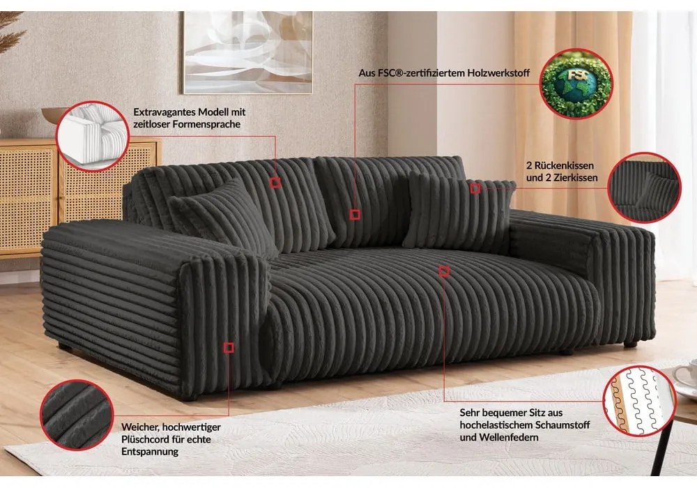 Тъмносив диван от рипсено кадифе 213 cm Justin – Ropez