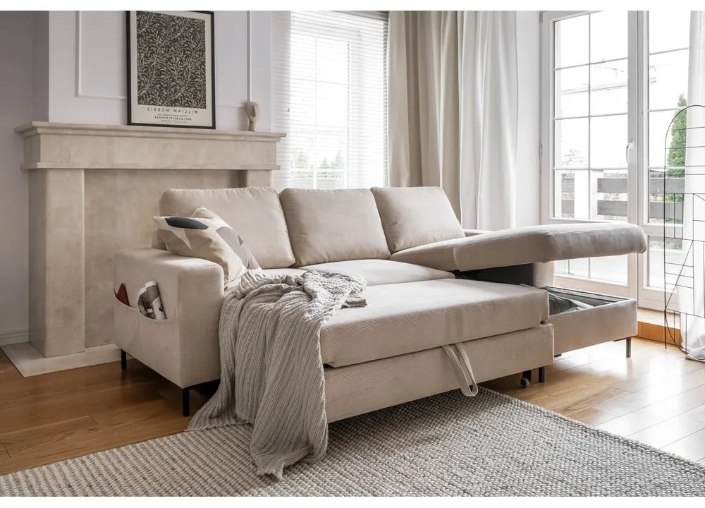 Бежов разтегателен ъглов диван от рипсено кадифе (десен ъгъл) Lofty Lilly – Miuform