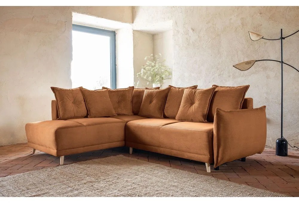 Разтегателен диван от велур в тухлен цвят (ляв ъгъл) Lazy Lukka - Miuform