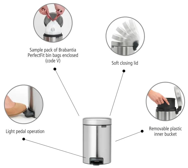 Кош за боклук с педал Brabantia NewIcon 649003, 3 л, Леко затваряне, Противоплъзгаща основа, Устойчив на пръстови отпечатъци, Инокс/Мат