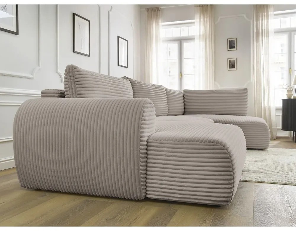 Светлосив/бежов сгъваем/с място за съхранение ъглов диван от рипсено кадифе (десен ъгъл/U форма) Lucien – Bobochic Paris