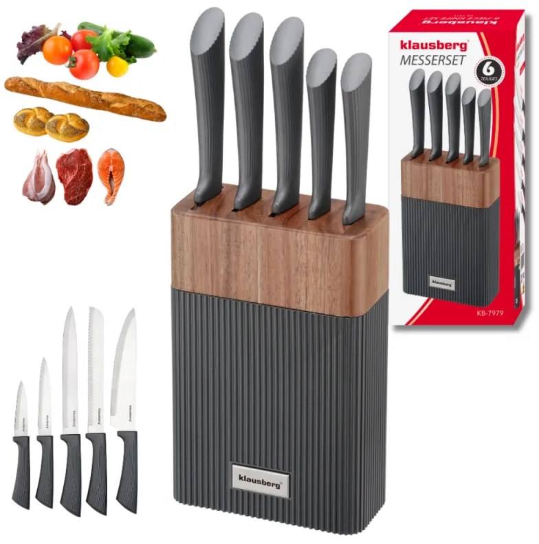Комплект ножове Klausberg KB 7979, 6 части, Неръждаема стомана, Стойка, Графит/кафяв