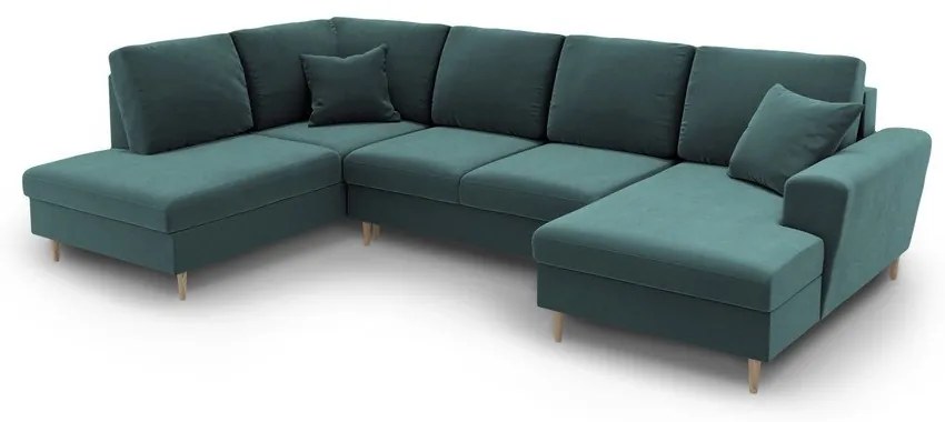 Кадифен разтегателен ъглов диван с място за съхранение в петролен цвят (ляв ъгъл/U форма) Kyoto – Cosmopolitan Design