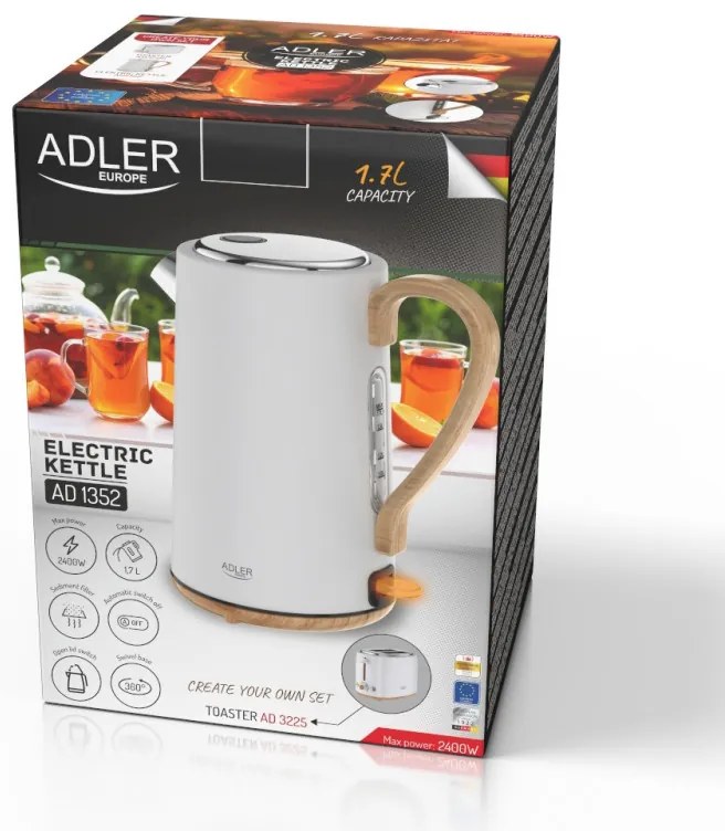 Електрическа кана Adler AD 1352, 2200W, 1.7 л, STRIX, Въртяща се основа, Автоматично изключване, Бял