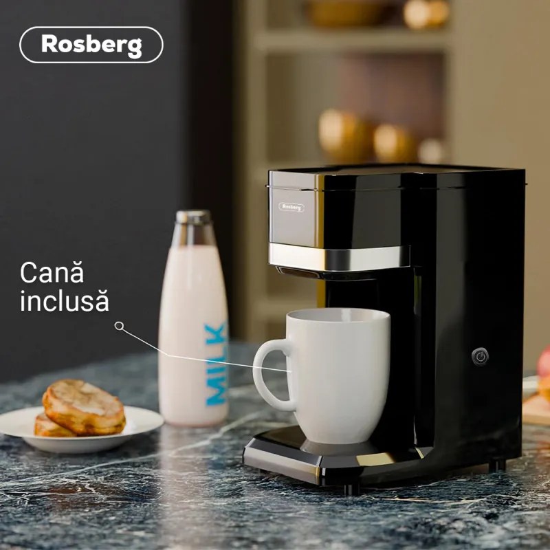 Разопакован: Кафемашина Rosberg R51170D, 350W, 150 ml, Включена чаша, Автоматично изключване, Черен