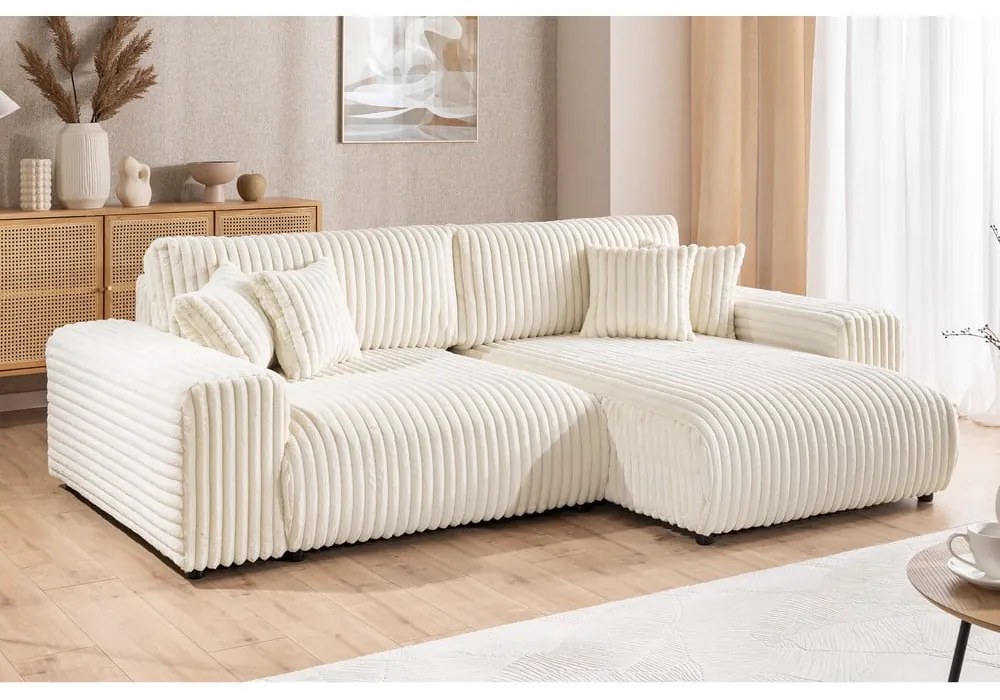 Кремав разтегателен ъглов диван от рипсено кадифе с място за съхранение (десен ъгъл) Sarina – Ropez