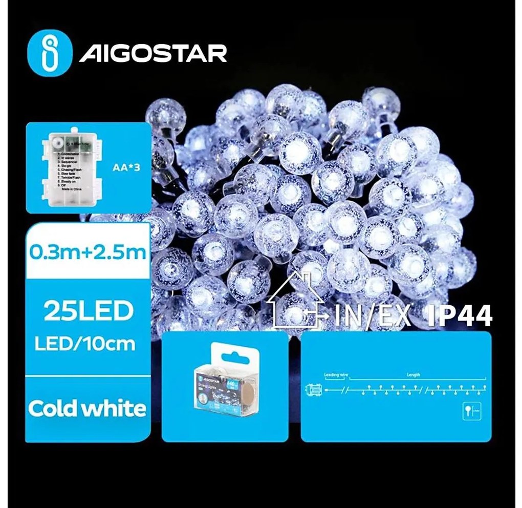 Aigostar - LED Екстериорни лампички 25xLED/3xAA/8 функции 2,8 м IP44 студено бял