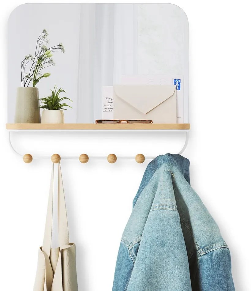 Бяла стенна закачалка от букова дървесина с рафт Estique - Umbra
