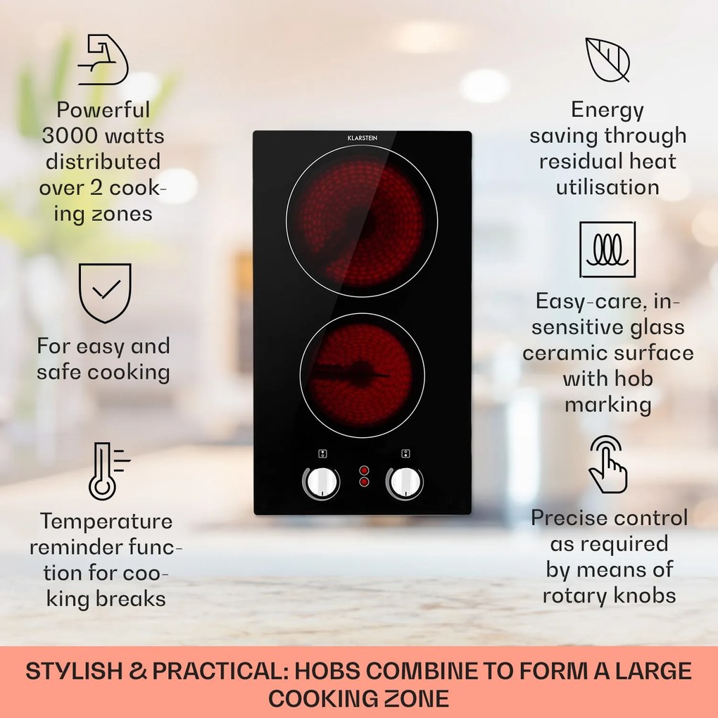 Klarstein EasyCook Domino, керамичен плот, 3000 W, въртящо се копче, черно