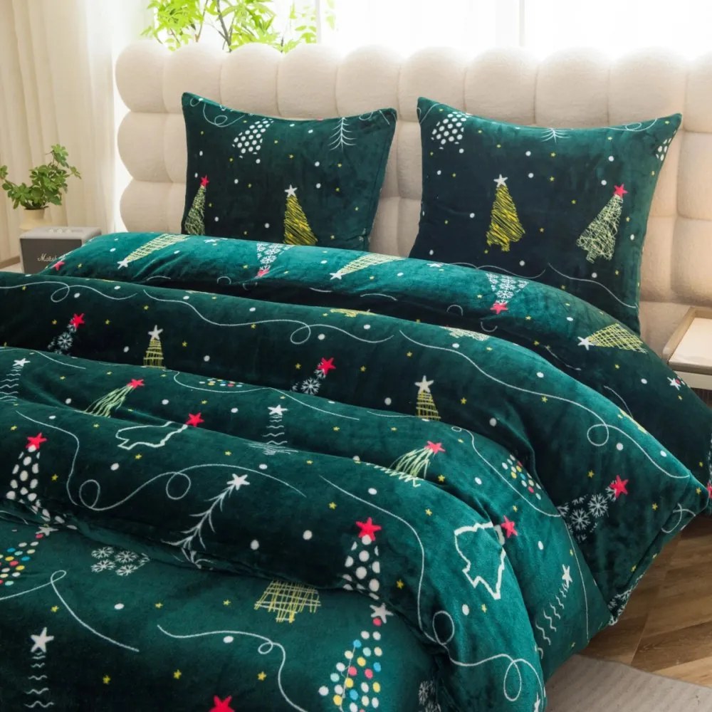 Коледни калъфки от топъл микрофлис - тъмнозелени с мотив на дърво 3 časti: 1ks 200x220 + 2ks 70x80