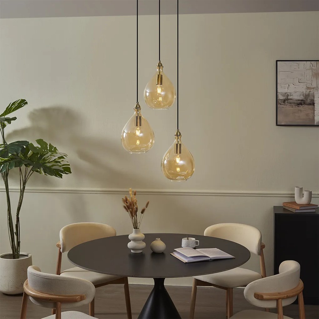 Модерен висящ златен лампион с кехлибарено стъкло 3 светлини - Traditional