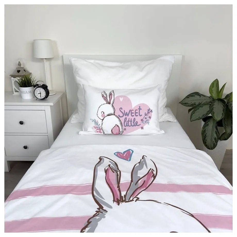 Бяло-розово памучно детско спално бельо за детско креватче 100x135 cm Bunny "Sweet" – Jerry Fabrics
