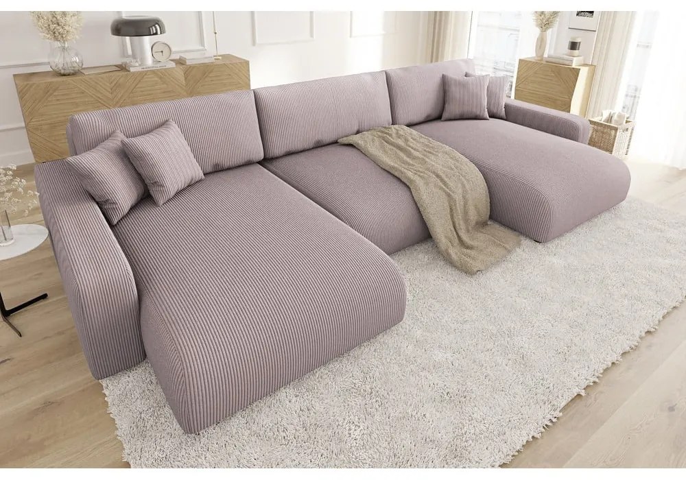 Светлорозов ъглов диван с място за съхранение от рипсено кадифе Sara – Ropez