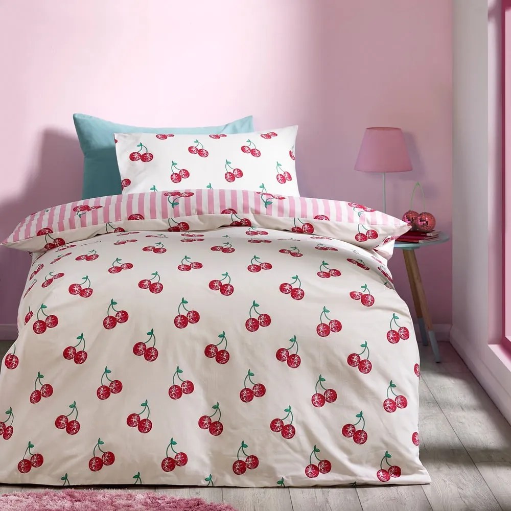 Бяло-розово единично спално бельо 135x200 cm Disco Cherries Stripes – Catherine Lansfield