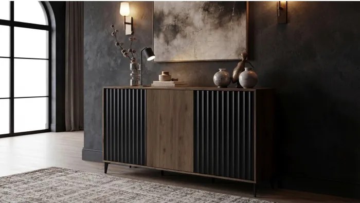 Холна маса РИМИНИ С-100 Елегантен Орех/Черно - МОДЕРНА ХОЛНА МАСА С ЧЕКЧЕДЖЕ/РАФТ И НАБРАЗДЕНИ ФРОНТОВЕ