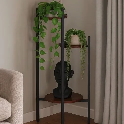 Стойка за цветя на тавана - 3-етажен рафт с кръгли дървени рафтове